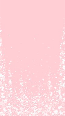 Kalp konfetisi sevgililer günü kaplaması. Beyaz kalpler pembe arka plana saçılmış. Joyfull Heart konfeti vektör çizimi