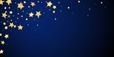 Sihirli yıldızlar vektör kaplaması. Altın yıldızlar rasgele etrafa saçılmış, düşüyor, yüzüyor. Kaotik rüya gibi çocuksu bir şablon. Koyu mavi arkaplanda sihirli yıldızlı büyüleyici vektör.