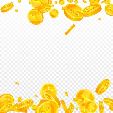 Chinese yuan coins falling. Scattered gold CNY coins. China money. Great business success concept. Square vector illustration.