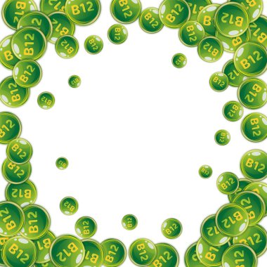 B12 vitamini pasaklı yuvarlak haplar. Güzellik ve beslenme cilt bakımı. Tıbbi ve bilimsel geçmiş. Sağlıklı yaşam konsepti.