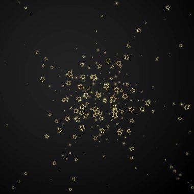 Altın parıldayan yıldız konfetisi. Kaotik rüya gibi çocuksu bir şablon. Siyah arkaplanda kutlama yıldızları vektör çizimi.