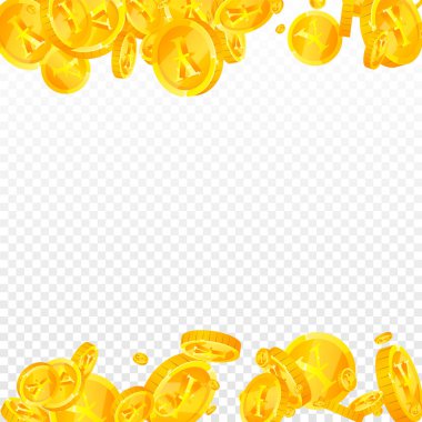 Japanese yen coins falling. Scattered gold JPY coins. Japan money. Global financial crisis concept. Square vector illustration.