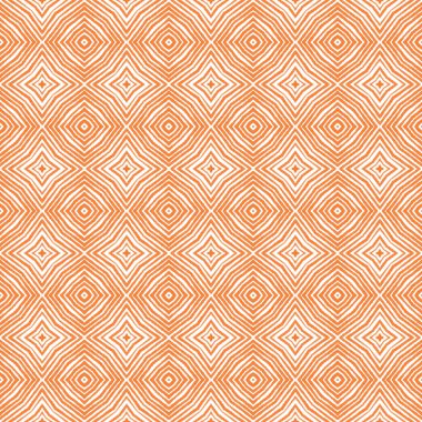 Sembol çizgileri tasarımı. Turuncu simetrik kaleydoskop arka planı. Tekstil hazır baskı, mayo kumaş, duvar kağıdı, ambalaj. Geometrik sembol çizgileri deseni.
