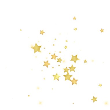 Sihirli yıldızlar vektör kaplaması. Altın yıldızlar rasgele etrafa saçılmış, düşüyor, yüzüyor. Kaotik rüya gibi çocuksu bir şablon. Beyaz arkaplanda mucizevi yıldızlı gece vektörü.