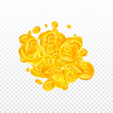 Korean won coins falling. Scattered gold WON coins. Korea money. Jackpot wealth or success concept. Square vector illustration.