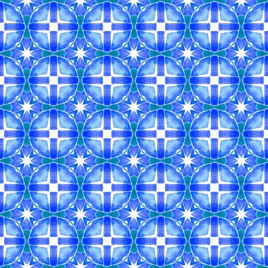 Etnik elle boyanmış desen. Mavi güzel boho şık yaz tasarımı. Tekstil hazır tuhaf baskılar, mayo kumaş, duvar kağıdı, ambalaj. Suluboya yaz etnik sınır düzeni.