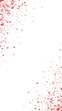 Sevgililer günü kalpleri, uçmak, düşmek, süzülmek. Kırmızı kalpler beyaz arka plana saçılmış. Sevimli sevgililer günü vektör illüstrasyonu.