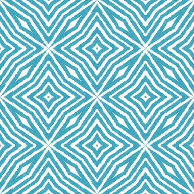 Madalyon pürüzsüz desen. Turkuaz simetrik kaleydoskop arka planı. Tekstil hazır simetrik baskı, mayo kumaş, duvar kağıdı, ambalaj. Suluboya madalyonu, pürüzsüz fayans.