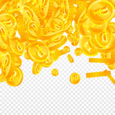 Rus rublesi düşüyor. Dağınık altın paralar. Rusya parası. Büyük iş başarısı konsepti. Kare vektör illüstrasyonu.