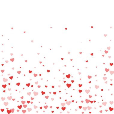 Sevgililer günü kalpleri, uçmak, düşmek, süzülmek. Kırmızı kalpler beyaz arka plana saçılmış. Sevimli sevgililer günü vektör illüstrasyonu.