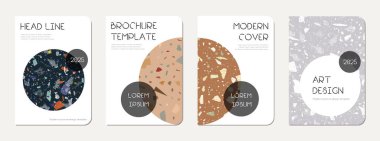 Not defteri kapağı tasarımı. Doğal taşlar, granit, kuvars ve mermerden yapılmış terrazzo soyut arka plan. Venedik terrazzo dokusu şablonu.