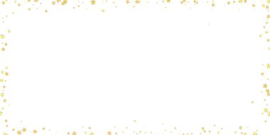 Sihirli yıldızlar vektör kaplaması. Altın yıldızlar rasgele etrafa saçılmış, düşüyor, yüzüyor. Kaotik rüya gibi çocuksu bir şablon. Beyaz arkaplanda mucizevi yıldızlı gece vektörü.