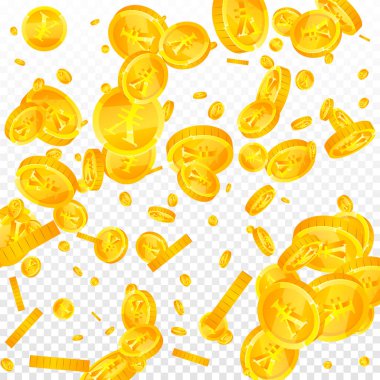 Chinese yuan coins falling. Scattered gold CNY coins. China money. Great business success concept. Square vector illustration.