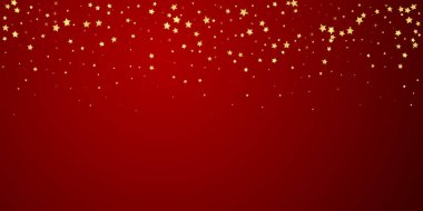 Sihirli yıldızlar vektör kaplaması. Altın yıldızlar rasgele etrafa saçılmış, düşüyor, yüzüyor. Kaotik rüya gibi çocuksu bir şablon. Kırmızı arka planda sihirli yıldızlı büyüleyici vektör.