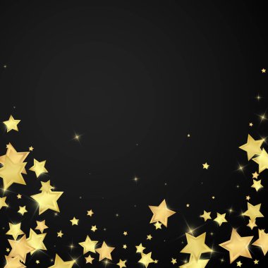 Sihirli yıldızlar vektör kaplaması. Altın yıldızlar rasgele etrafa saçılmış, düşüyor, yüzüyor. Kaotik rüya gibi çocuksu bir şablon. Siyah arkaplanda büyülü karikatür gece gökyüzü.