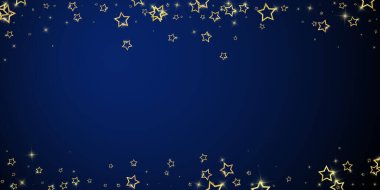 Parıldayan yıldızlar rastgele dağılmış, uçuyor, düşüyor, yüzüyor. Noel kutlaması kavramı. Koyu mavi arkaplanda kutlama yıldızları vektör illüstrasyonu.
