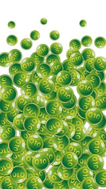 Q10 vitamini yuvarlak kapsülleri rastgele dağılmış. Güzellik ve beslenme cilt bakımı. Tıbbi ve bilimsel geçmiş. Sağlıklı yaşam konsepti.