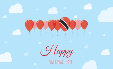 Trinidad and Tobago Independence Day Sparkling Patriotic Poster. Row of Balloons in Colors of the Trinidadian Flag. Greeting Card with National Flags, Blue Skyes and Clouds. clipart