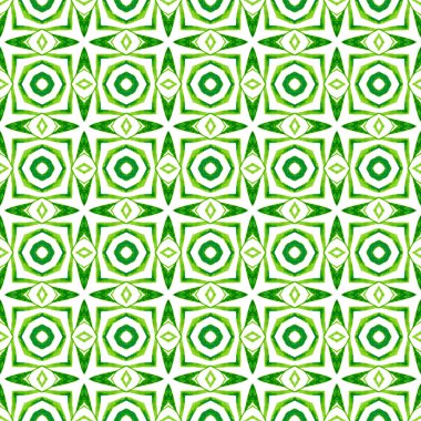 Etnik elle boyanmış desen. Yeşil muhteşem boho şık yaz tasarımı. Tekstil hazır baskı, mayo kumaş, duvar kağıdı, ambalaj. Suluboya yaz etnik sınır düzeni.