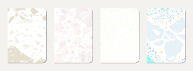 Not defteri kapağı tasarımı. Doğal taşlar, granit, kuvars ve mermerden yapılmış terrazzo soyut arka plan. Venedik terrazzo doku dizüstü bilgisayar kapağı şablonu.