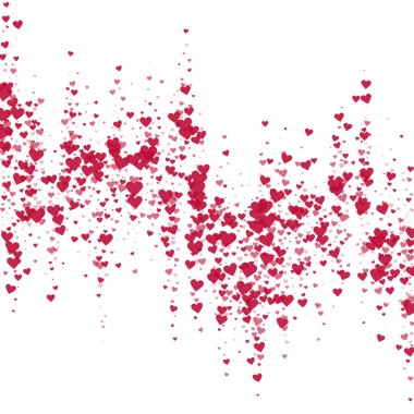 Düşen kalpler sevgililer günü kartı şablonu. Kırmızı kalpler beyaz arka plana saçılmış. Kaotik düşen kalpler vektör illüstrasyonu.