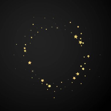Sihirli yıldızlar vektör kaplaması. Altın yıldızlar rasgele etrafa saçılmış, düşüyor, yüzüyor. Kaotik rüya gibi çocuksu bir şablon. Siyah arkaplan üzerine vektör büyüsü.