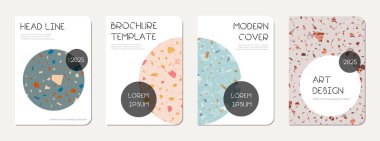 Not defteri kapağı tasarımı. Doğal taşlar, granit, kuvars ve mermerden yapılmış terrazzo soyut arka plan. Venedik terrazzo doku dizüstü bilgisayar kapağı şablonu.