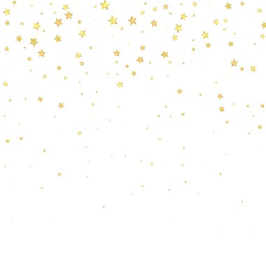 Sihirli yıldızlar vektör kaplaması. Altın yıldızlar rasgele etrafa saçılmış, düşüyor, yüzüyor. Kaotik rüya gibi çocuksu bir şablon. beyaz arkaplan.