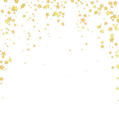 Sihirli yıldızlar vektör kaplaması. Altın yıldızlar rasgele etrafa saçılmış, düşüyor, yüzüyor. Kaotik rüya gibi çocuksu bir şablon. Beyaz arkaplanda vektör peri masalı.