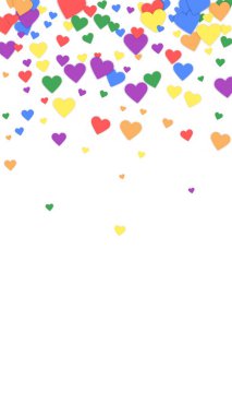 Düşen kalpler sevgililer günü kartı şablonu. Gökkuşağı renkli dağınık kalpler. LGBT sevgililer günü kartı. Kaotik düşen kalpler vektör illüstrasyonu.