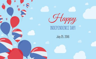 Puerto-Rico Independence Day Sparkling Patriotic Poster. Row of Balloons in Colors of the Puerto-Rican Flag. Greeting Card with National Flags, Blue Skyes and Clouds. clipart