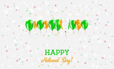 CoteIndependence Günü Vatanseverlik Posteri. DIvoire Fildişi Bayraklarının Renklerindeki Balonlar. Ulusal Bayraklı, Konfeti ve Yıldızlı Tebrik Kartı.