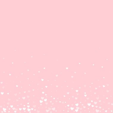 Sevgililer günü kalpleri, uçmak, düşmek, süzülmek. Beyaz kalpler pembe arka plana saçılmış. Sevimli sevgililer günü vektör illüstrasyonu.