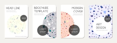 Broşür kapağı tasarımı. Doğal taşlar, granit, kuvars ve mermerden yapılmış terrazzo soyut arka plan. Venedik Terrazzo Doku Broşürü.