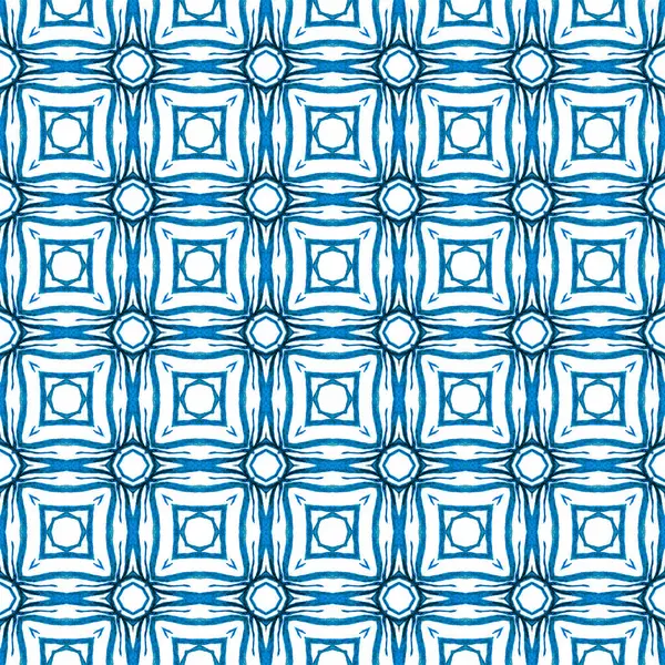 纺织现成的艺术印刷品 泳衣面料 包装材料 蓝色迷人的Boho别致的夏季设计 水彩画重复瓷砖边框 Ikat重复泳衣设计 — 图库照片
