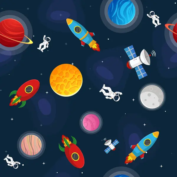 太空漫画无缝图案 儿童面料和包装纸的精美设计 太空中的行星和星星 童话般的星系场景空间漫画矢量图解 — 图库矢量图片