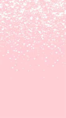 Kalp konfetisi sevgililer günü kaplaması. Beyaz kalpler pembe arka plana saçılmış. Joyfull Heart konfeti vektör çizimi