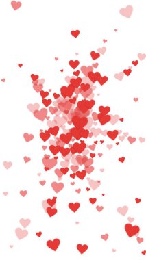 Sevgililer Günü için uçan kalpler. Kırmızı kalpler beyaz arka plana saçılmış. Güzel uçan kalpler vektör illüstrasyonu.