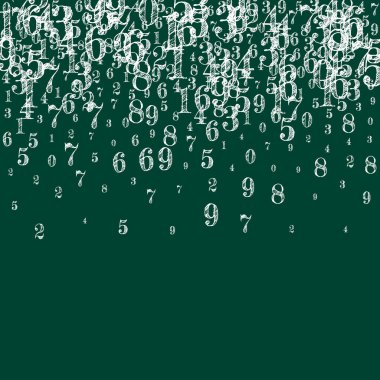 Dağınık numaralar. Beyaz tebeşir parmakları kaotik uçuyor. Tahta arka planda matematik afişi var. Düşen sayılar vektör illüstrasyonu.