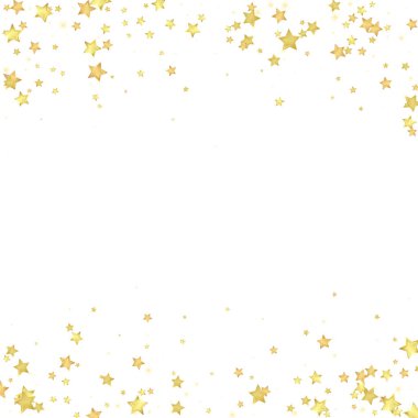 Sihirli yıldızlar vektör kaplaması. Altın yıldızlar rasgele etrafa saçılmış, düşüyor, yüzüyor. Kaotik rüya gibi çocuksu bir şablon. Beyaz arkaplanda mucizevi yıldızlı gece vektörü.