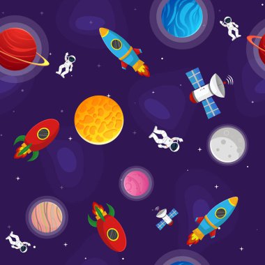 Uzay çizgi filmi kusursuz desen. Çocukların kumaş ve ambalaj kağıtları için şirin bir tasarım. Açık alanda gezegenler ve yıldızlar. Çocuksu galaksi sahnesi. Uzay çizgi film vektör illüstrasyonu.
