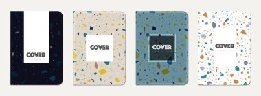 Broşür kapağı tasarımı. Doğal taşlar, granit, kuvars ve mermerden yapılmış terrazzo soyut arka plan. Venedik Terrazzo Doku Broşürü.