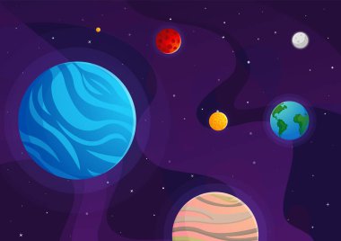 Uzay çizgi filminin arka planı. İniş sayfası, afiş ya da duvar kağıdı için hoş bir tasarım. Açık alanda gezegenler ve yıldızlar. Çocuksu galaksi sahnesi. Uzay çizgi film vektör illüstrasyonu.