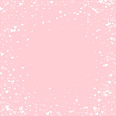 Sevgililer günü kalpleri, uçmak, düşmek, süzülmek. Beyaz kalpler pembe arka plana saçılmış. Sevimli sevgililer günü vektör illüstrasyonu.