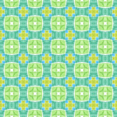 Yeşil geometrik sembolün suluboya sınırı. Yeşil muhteşem boho şık yaz tasarımı. Sembol suluboya deseni. Tekstil hazır süslü baskı, mayo kumaş, duvar kağıdı, ambalaj..