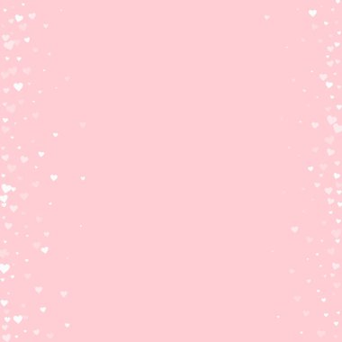 Serpiştirilmiş kalpler sevgililer günü şablonu. Beyaz kalpler pembe arka plana saçılmış. Kutlama serpiştirilmiş kalp vektör illüstrasyonu.