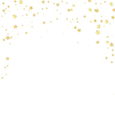 Sihirli yıldızlar vektör kaplaması. Altın yıldızlar rasgele etrafa saçılmış, düşüyor, yüzüyor. Kaotik rüya gibi çocuksu bir şablon. Beyaz arkaplanda büyülü gece gökyüzü.