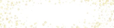 Altın parıldayan yıldız konfetisi. Kaotik rüya gibi çocuksu bir şablon. Beyaz arkaplanda şenlikli yıldız vektör çizimi.