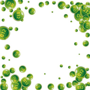 B12 vitamini pasaklı yuvarlak haplar. Güzellik ve beslenme cilt bakımı. Sağlıklı yaşam konsepti. Temel vitamin vektör illüstrasyonu. 