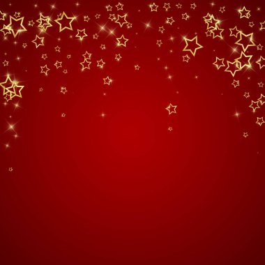 Gold sparkling star confetti. Chaotic dreamy childish overlay template. Festive stars vector illustration on red background. clipart